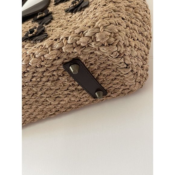 Tocca Natural Straw Wood  Brown Floral Leather Footed Satchel Tote Purse 15 x 19 - Picture 3 of 10